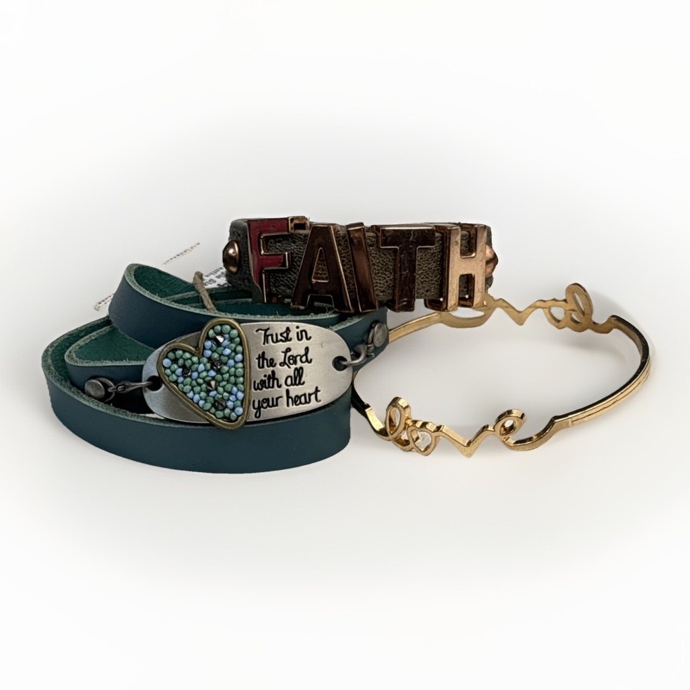 Faith Religious Bangles Cuffs leather Gold/Silver Tone‎ World Finds Bracelets x3
